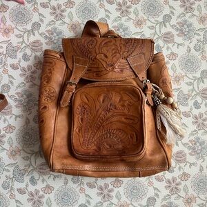 Brown Tooled Leather Backpack